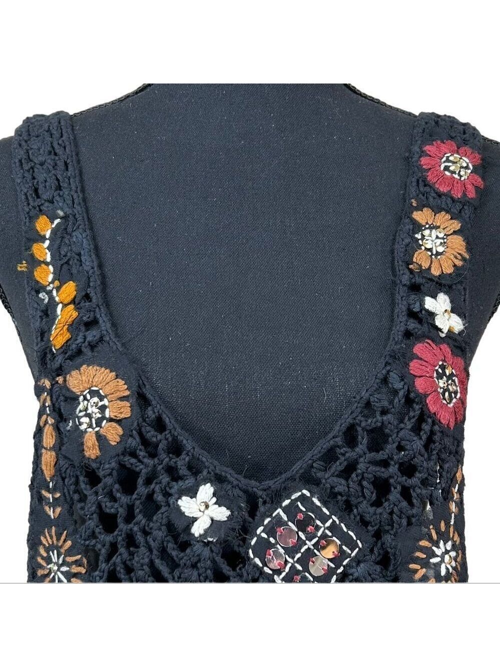 Free People NWT Black Sheer Embroidered Crochet Back Tie Tank Top Size XS - Picture 11 of 13